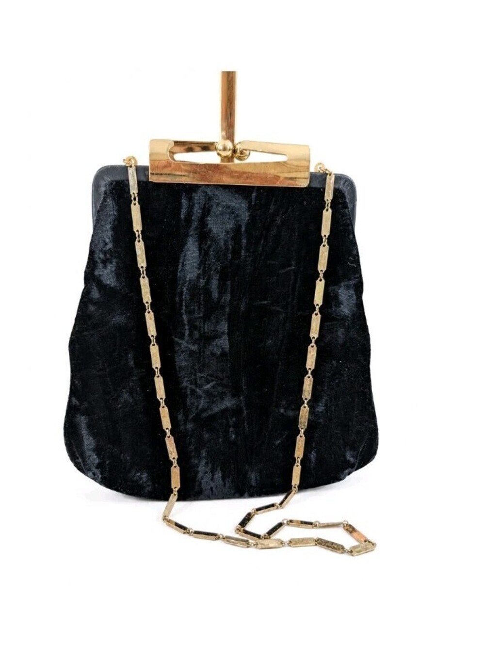 Vintage Fifi Black Velvet Evening Bag Gold Tone Frame Top Handle Chain Purse